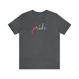 Pansexual Pride T-Shirt: Flowing Cursive 'Pride' in Gradient Hues