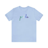 Gay Pride T-Shirt: Flowing Cursive 'Pride' in Gradient Hues