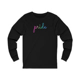 Polysexual Pride Long Sleeve T-Shirt: Flowing Cursive 'Pride' in Gradient Hues