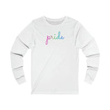 Polysexual Pride Long Sleeve T-Shirt: Flowing Cursive 'Pride' in Gradient Hues