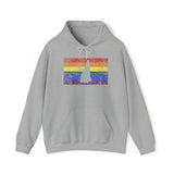 New Hampshire Pride Flag Hoodie: Rainbow LGBTQ+ State Silhouette Distressed Hooded Sweatshirt