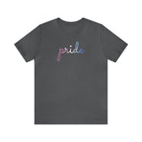 Bigender Pride T-Shirt: Flowing Cursive 'Pride' in Gradient Hues
