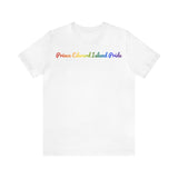 Prince Edward Island Pride T-Shirt: Flowing Cursive Design with LGBTQ+ Gradient
