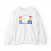 Arkansas Pride Flag Sweater: Rainbow LGBTQ+ State Silhouette Distressed Sweatshirt