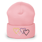 Nonbinary Pride Beanie: Interlaced Heart Outlines Embroidered Hat