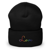 Gilbert Baker Pride Love Script Beanie: Ellegantly Embroidered Pride Hat