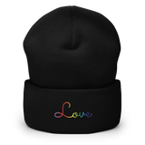 Gilbert Baker Pride Love Script Beanie: Ellegantly Embroidered Pride Hat