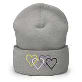Nonbinary Pride Beanie: Interlaced Heart Outlines Embroidered Hat