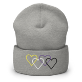 Nonbinary Pride Beanie: Interlaced Heart Outlines Embroidered Hat