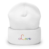 Gilbert Baker Pride Love Script Beanie: Ellegantly Embroidered Pride Hat