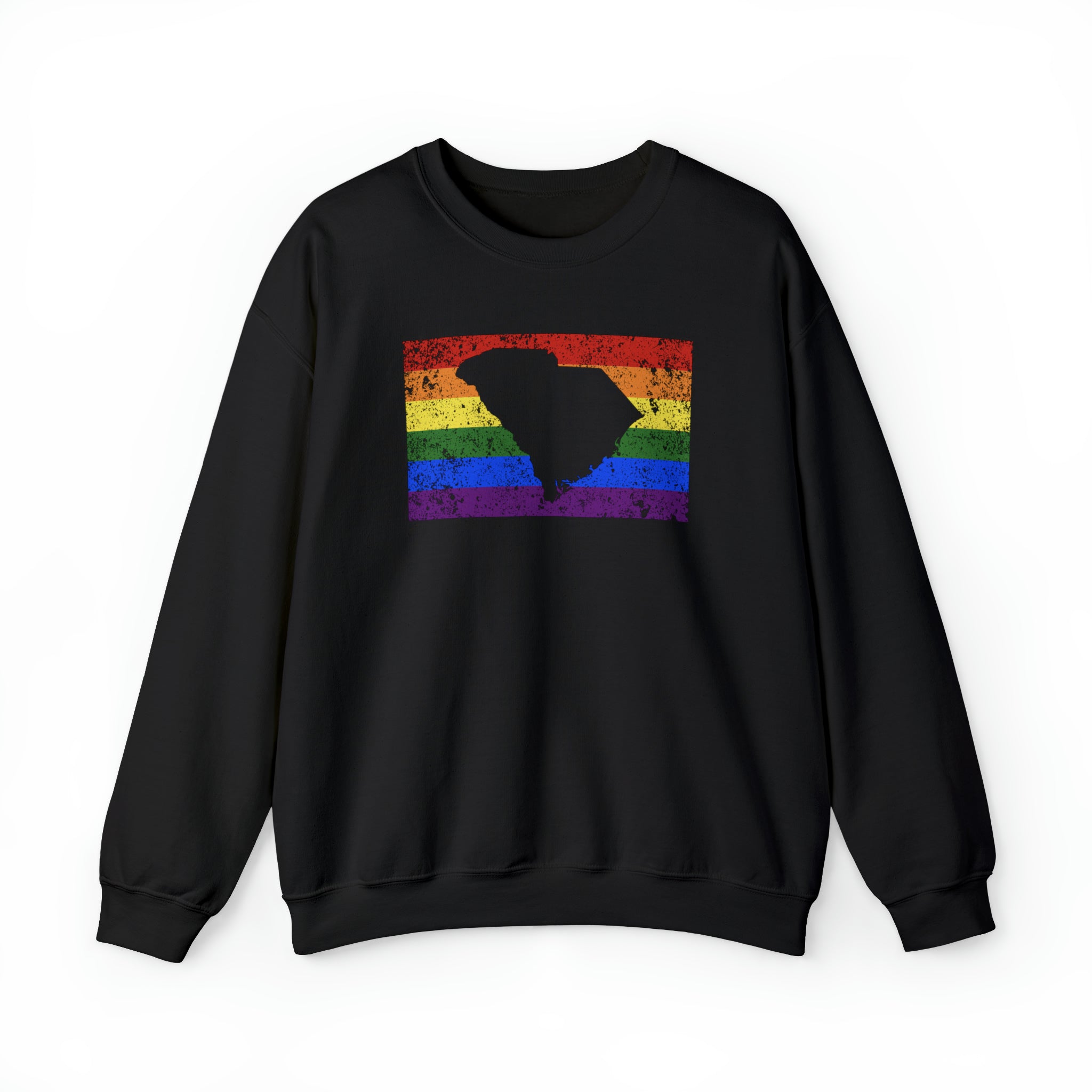 South Carolina Pride Flag Sweater: Rainbow LGBTQ+ State Silhouette Distressed Sweatshirt