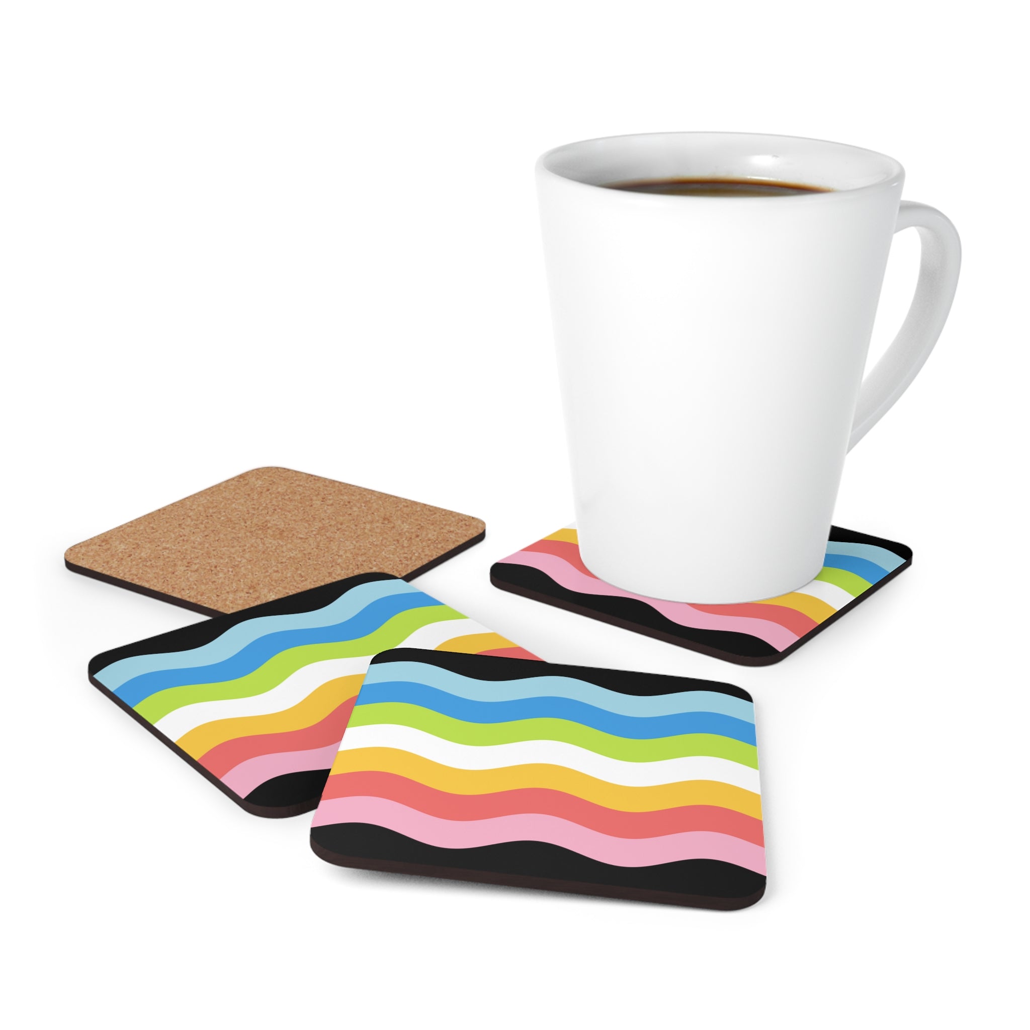 Queer Pride Flag Coaster Set: 4 Corkwood Ripple Drink Coasters