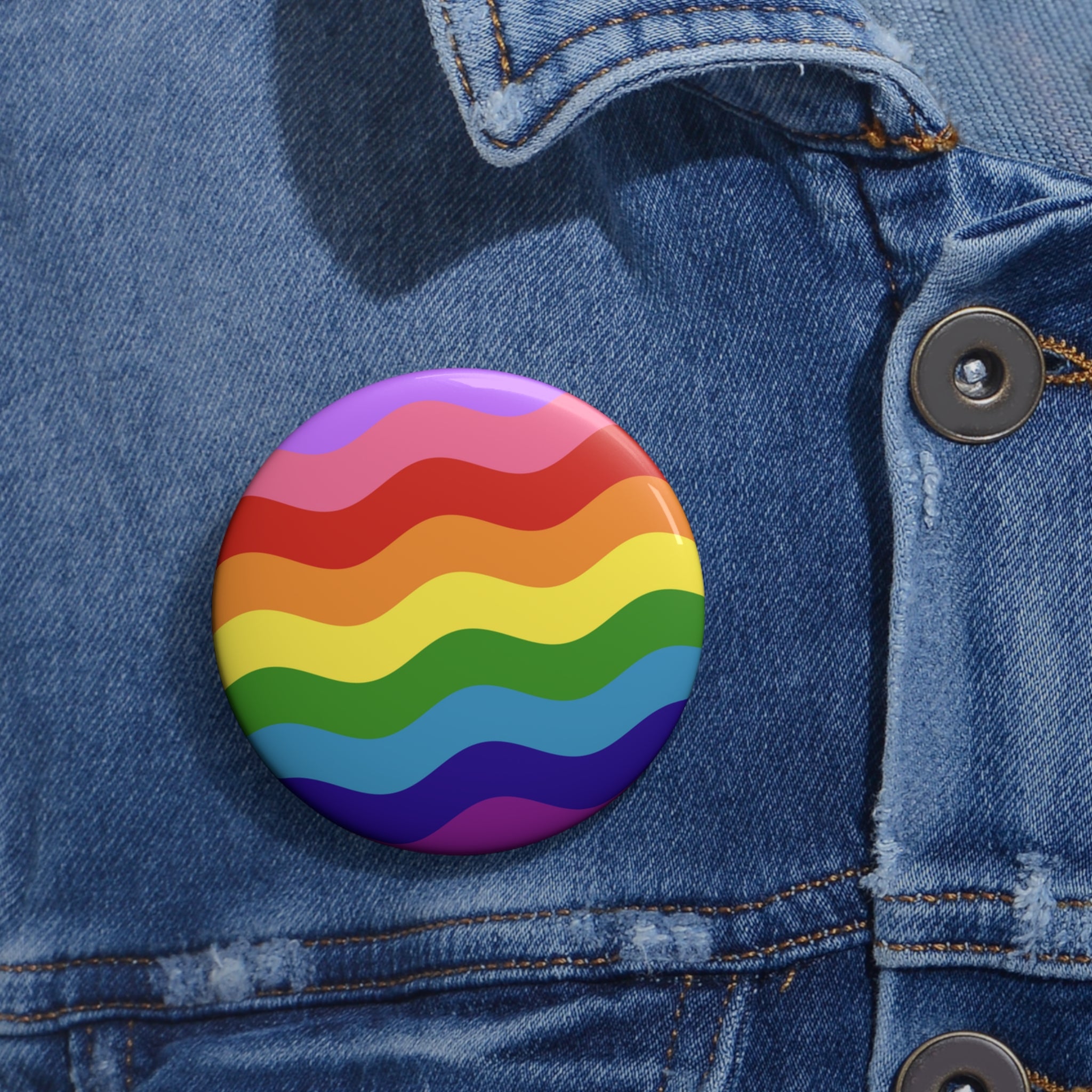 Gilbert Baker Pride Flag Pin: Round Button with Wavey Design