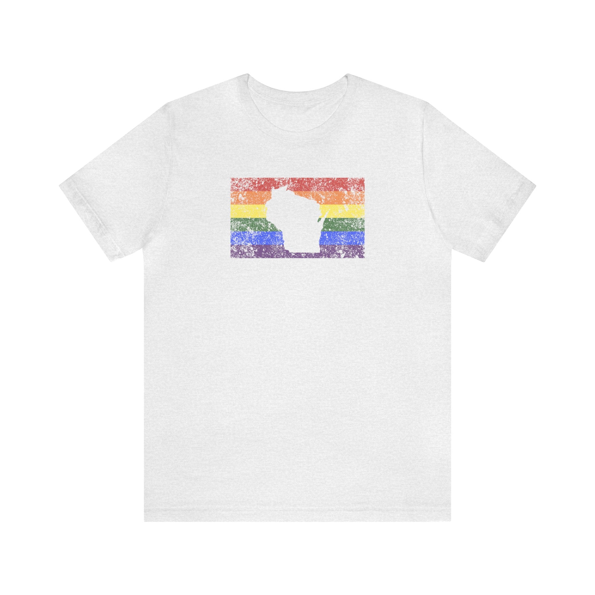 Wisconsin Pride Flag Tee: Rainbow LGBTQ+ State Silhouette Distressed Shirt