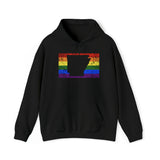 Arkansas Pride Flag Hoodie: Rainbow LGBTQ+ State Silhouette Distressed Hooded Sweatshirt