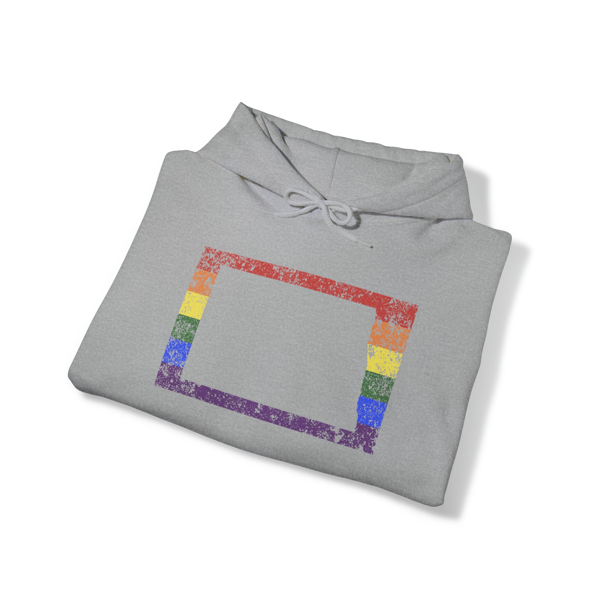 North Dakota Pride Flag Hoodie: Rainbow LGBTQ+ State Silhouette Distressed Hooded Sweatshirt