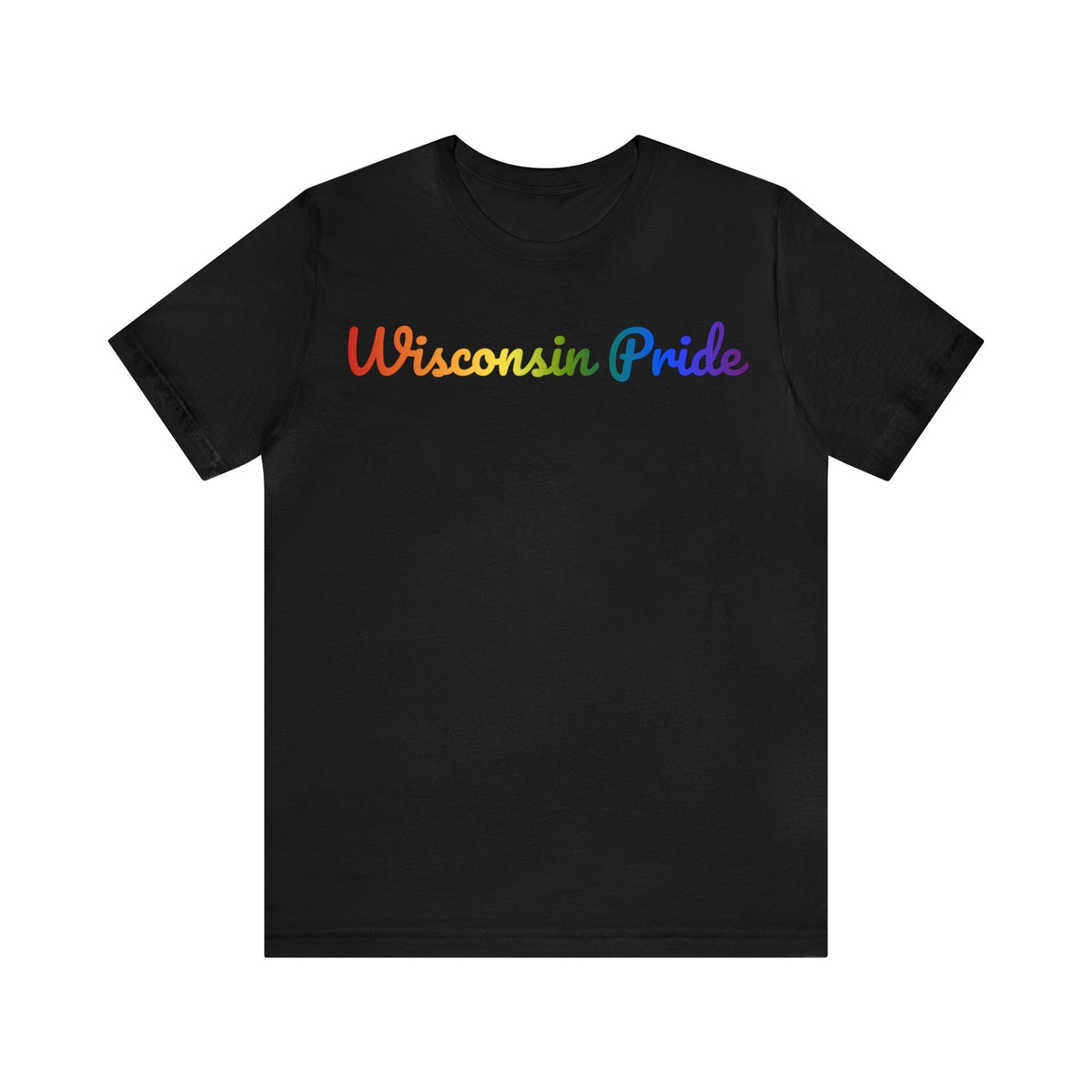 Wisconsin Pride T-Shirt: Flowing Cursive Design with LGBTQ+ Gradient