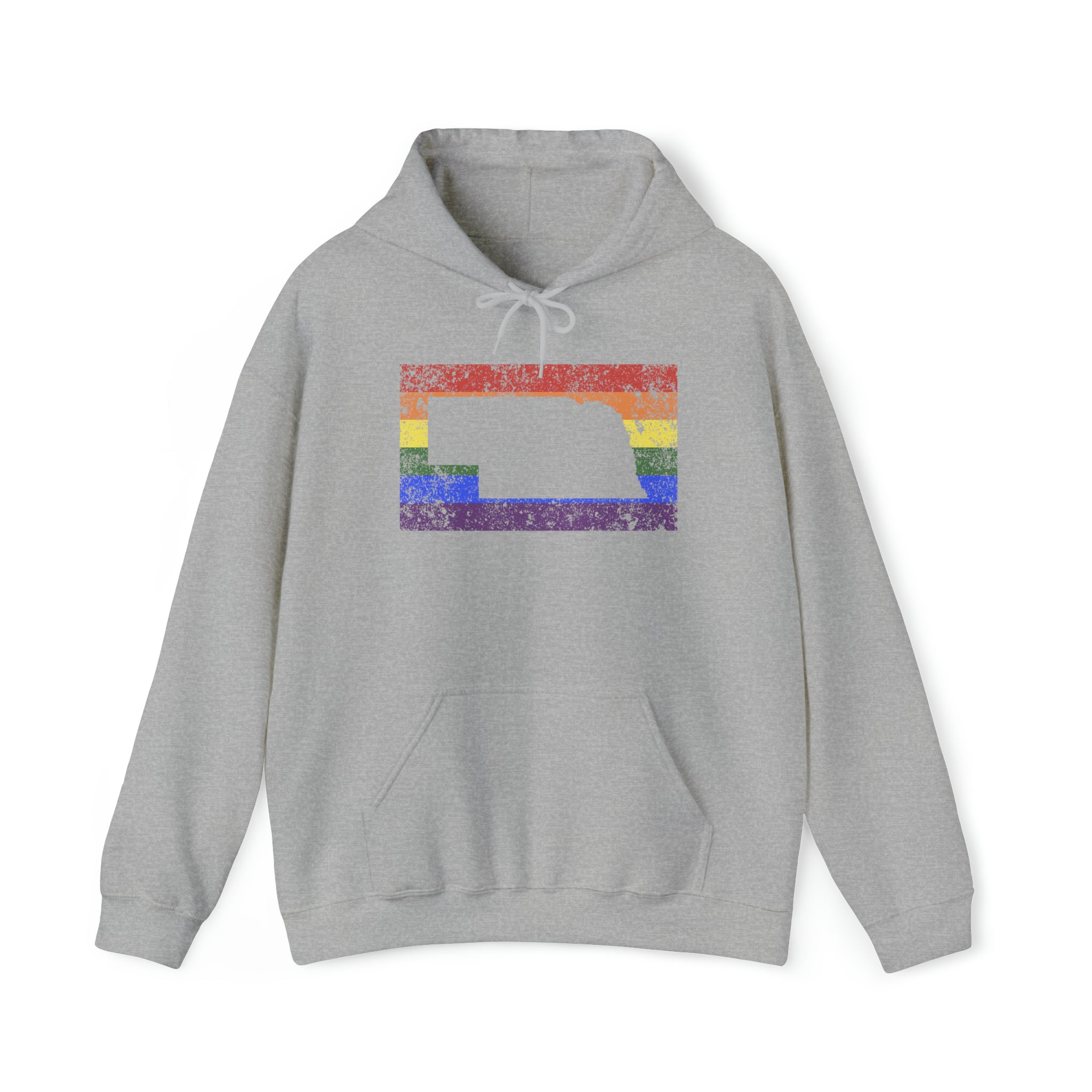 Nebraska Pride Flag Hoodie: Rainbow LGBTQ+ State Silhouette Distressed Hooded Sweatshirt