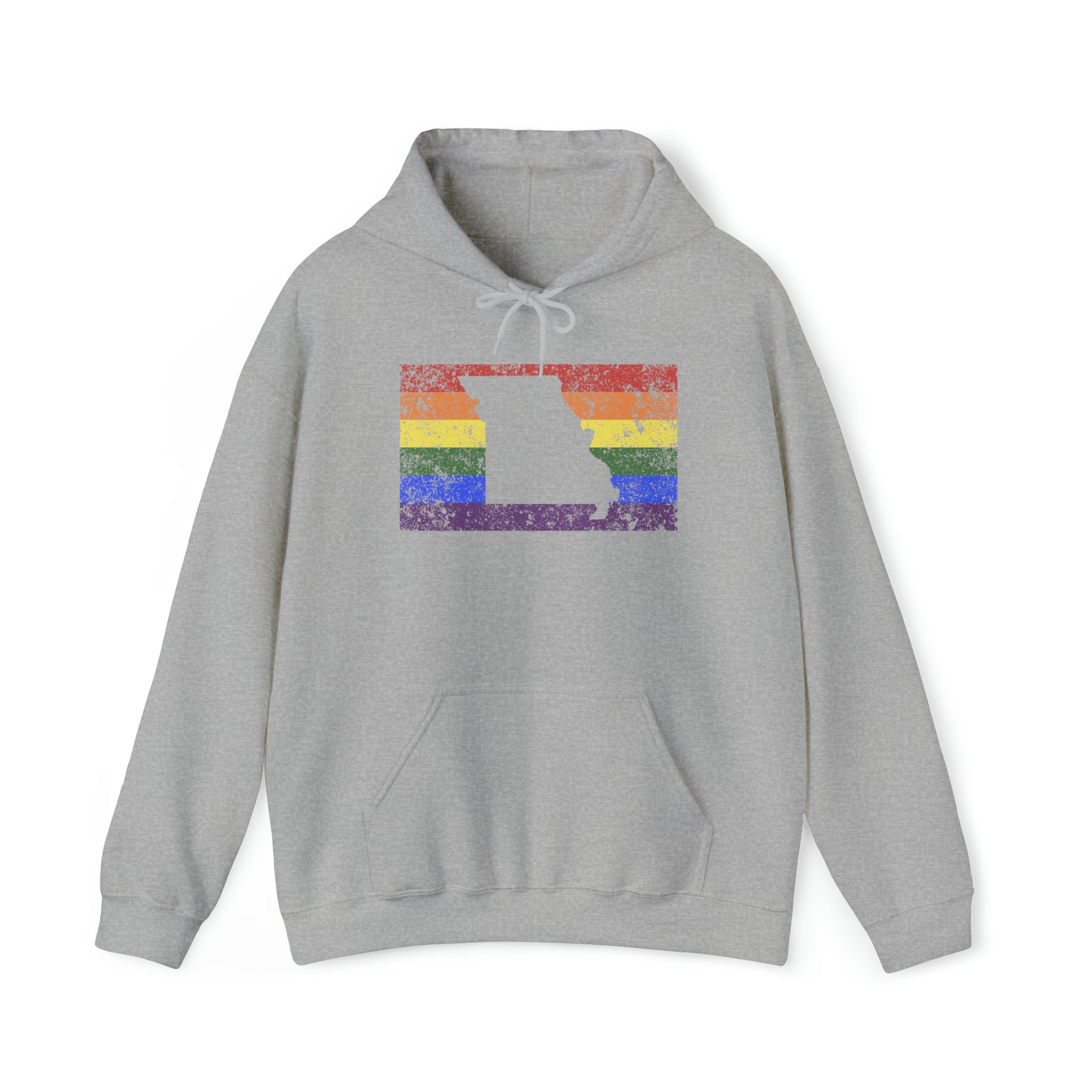 Missouri Pride Flag Hoodie: Rainbow LGBTQ+ State Silhouette Distressed Hooded Sweatshirt