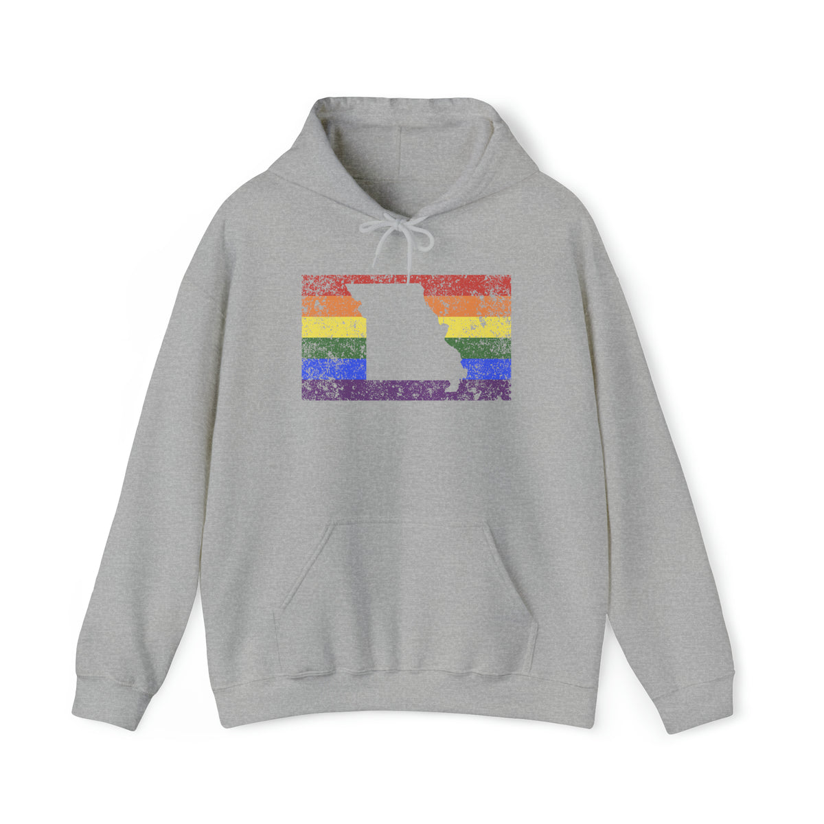 Missouri Pride Flag Hoodie: Rainbow LGBTQ+ State Silhouette Distressed Hooded Sweatshirt