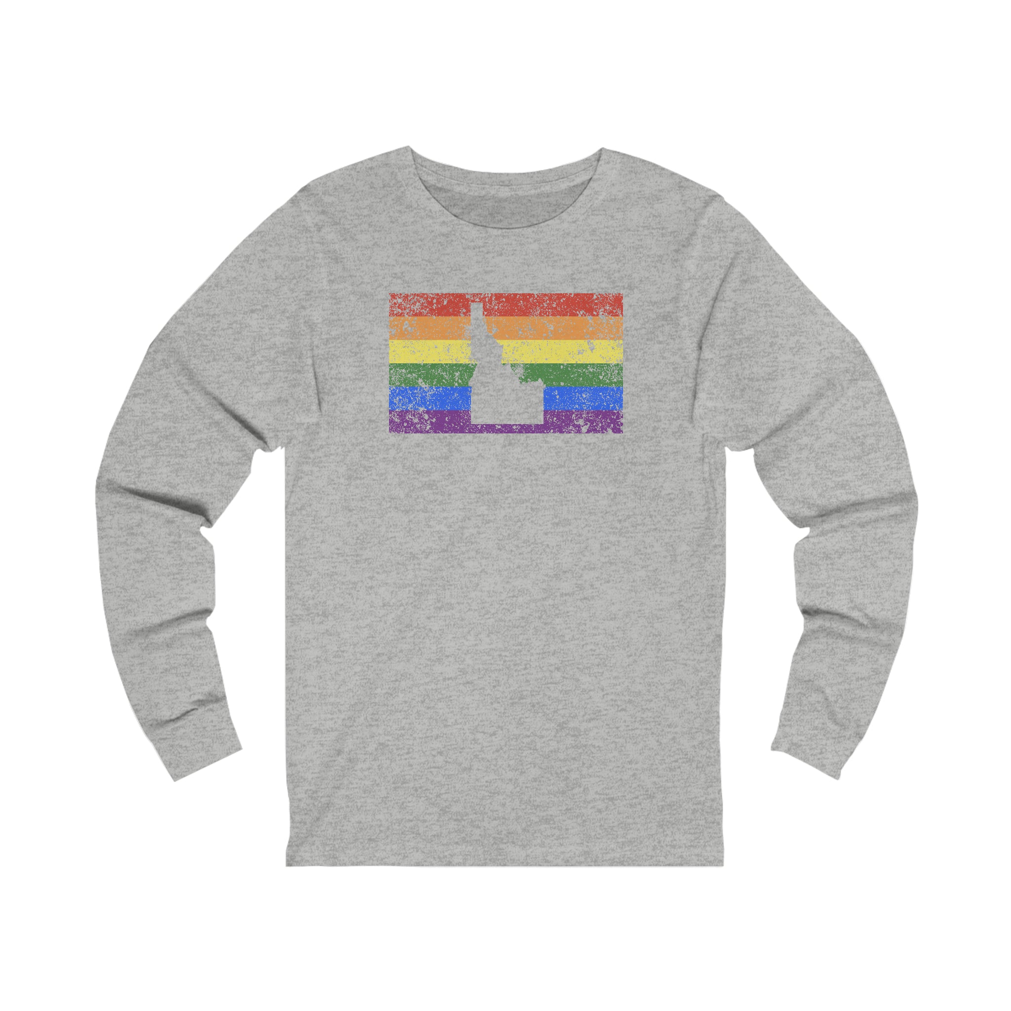 Idaho Pride Flag Long Sleeve Tee: Rainbow LGBTQ+ State Silhouette Distressed Long Sleeve T-Shirt