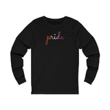 Lesbian Pride Long Sleeve T-Shirt: Flowing Cursive 'Pride' in Gradient Hues