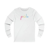 Pansexual Pride Long Sleeve T-Shirt: Flowing Cursive 'Pride' in Gradient Hues