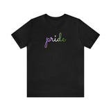 Genderqueer Pride T-Shirt: Flowing Cursive 'Pride' in Gradient Hues