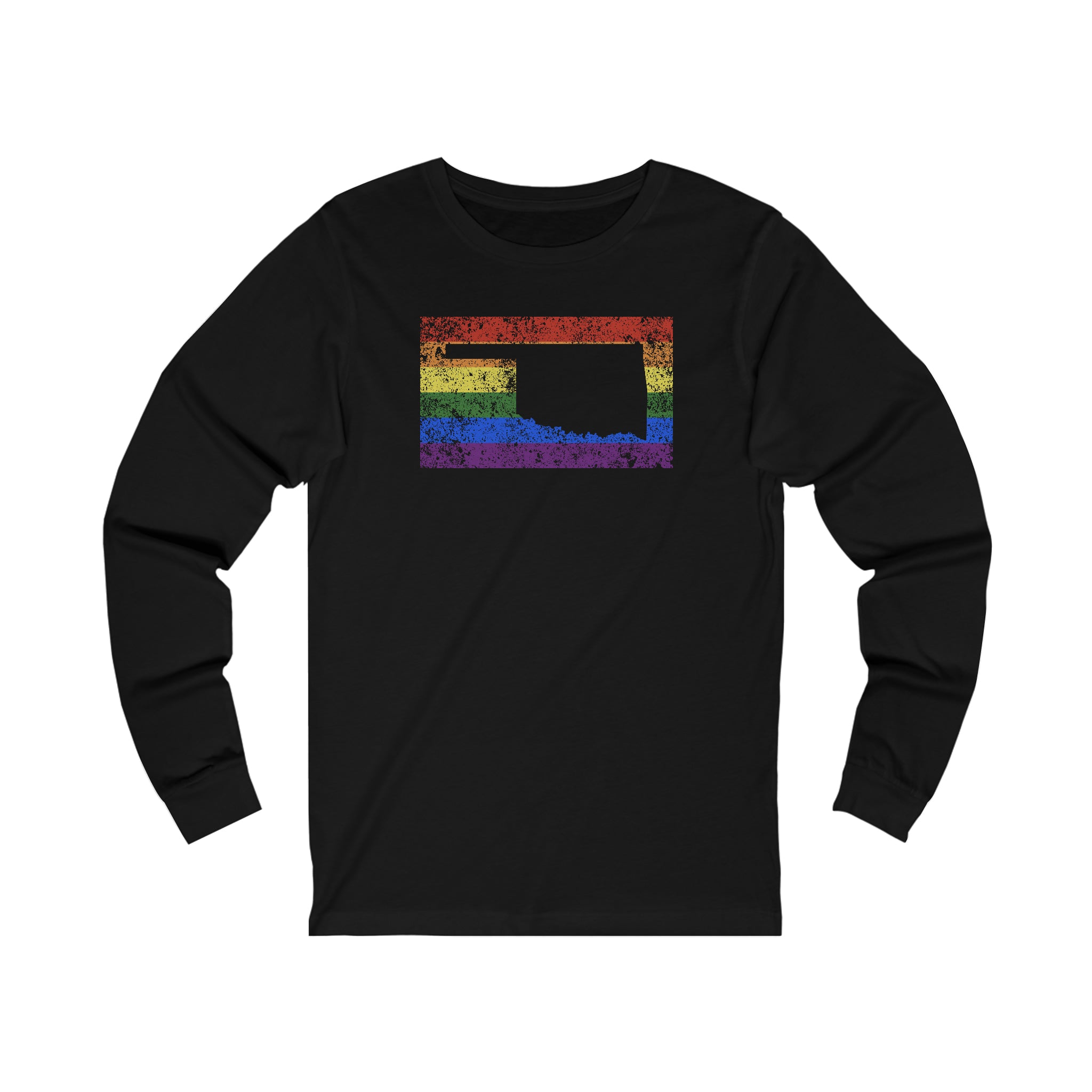 Oklahoma Pride Flag Long Sleeve Tee: Rainbow LGBTQ+ State Silhouette Distressed Long Sleeve T-Shirt