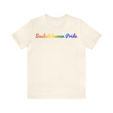 Saskatchewan Pride T-Shirt: Flowing Cursive Design with LGBTQ+ Gradient