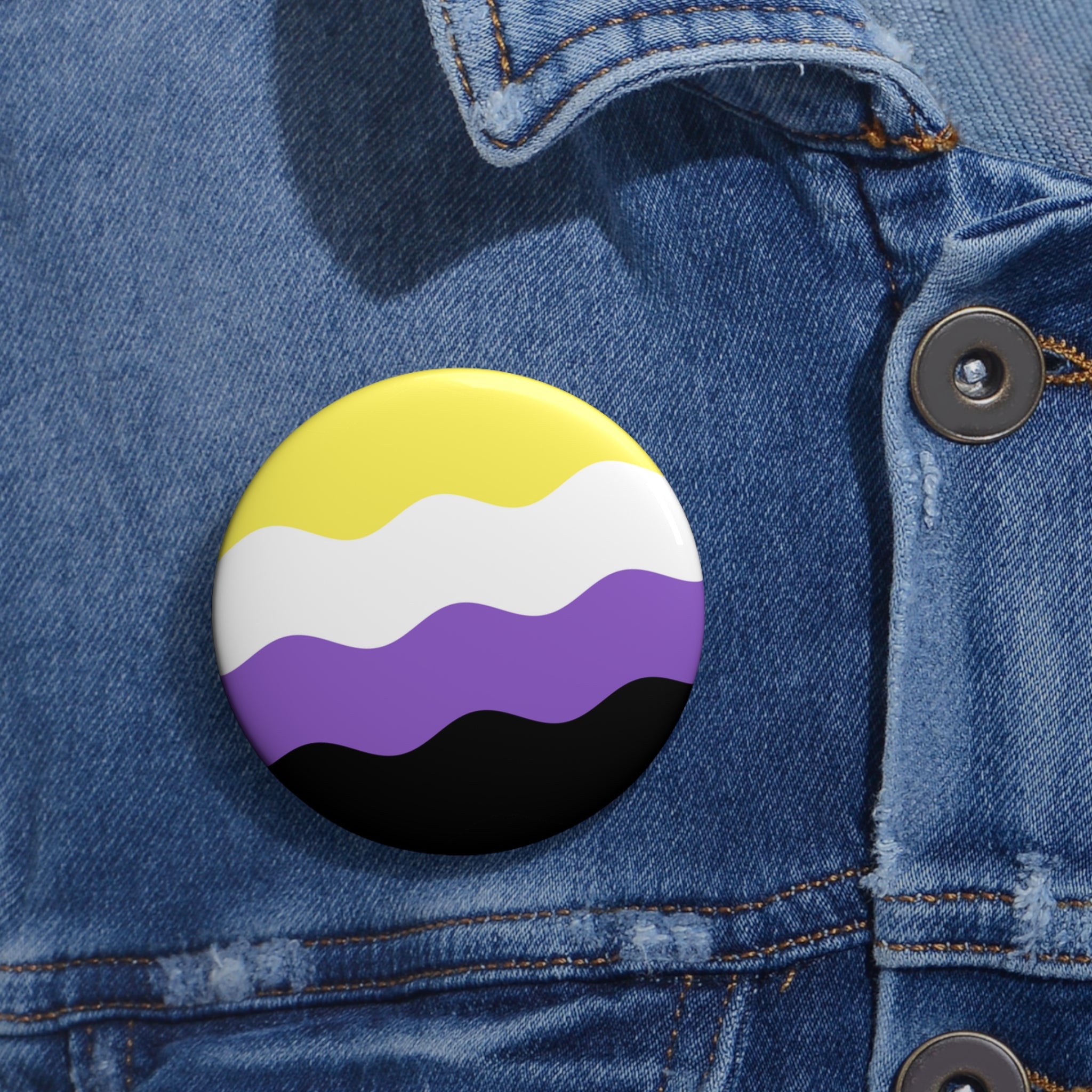 Nonbinary Pride Flag Pin: Round Button with Wavey Design