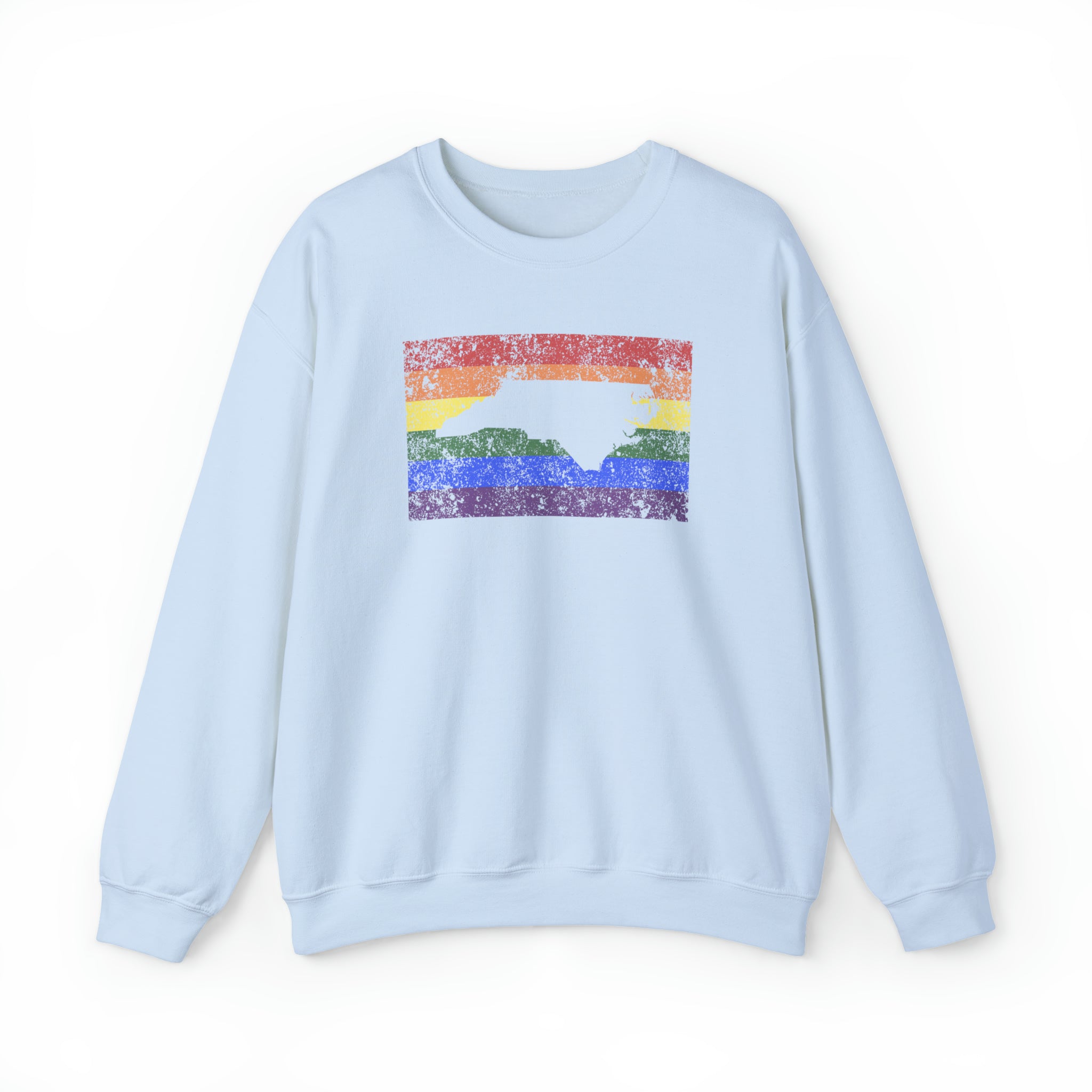 North Carolina Pride Flag Sweater: Rainbow LGBTQ+ State Silhouette Distressed Sweatshirt