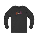 Lesbian Pride Long Sleeve T-Shirt: Flowing Cursive 'Pride' in Gradient Hues