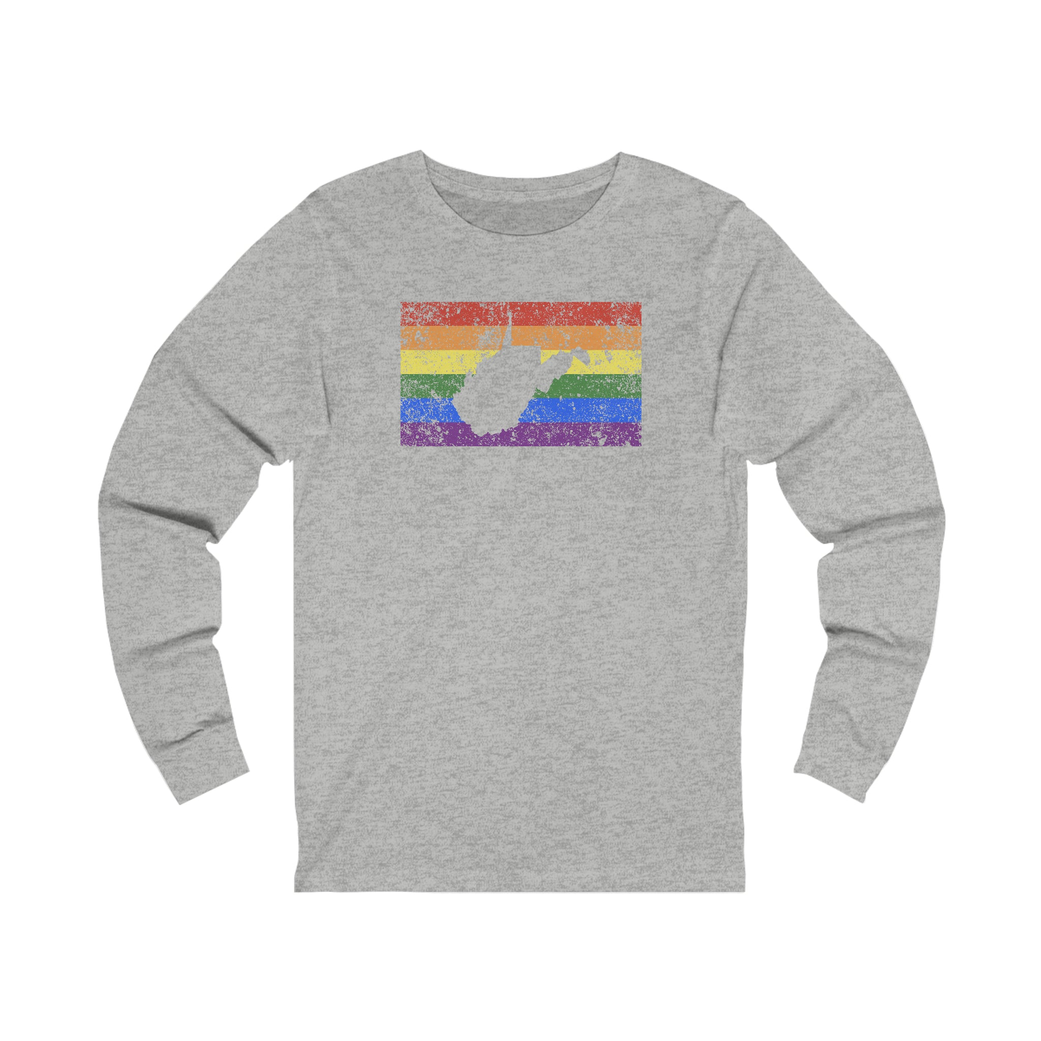 West Virginia Pride Flag Long Sleeve Tee: Rainbow LGBTQ+ State Silhouette Distressed Long Sleeve T-Shirt