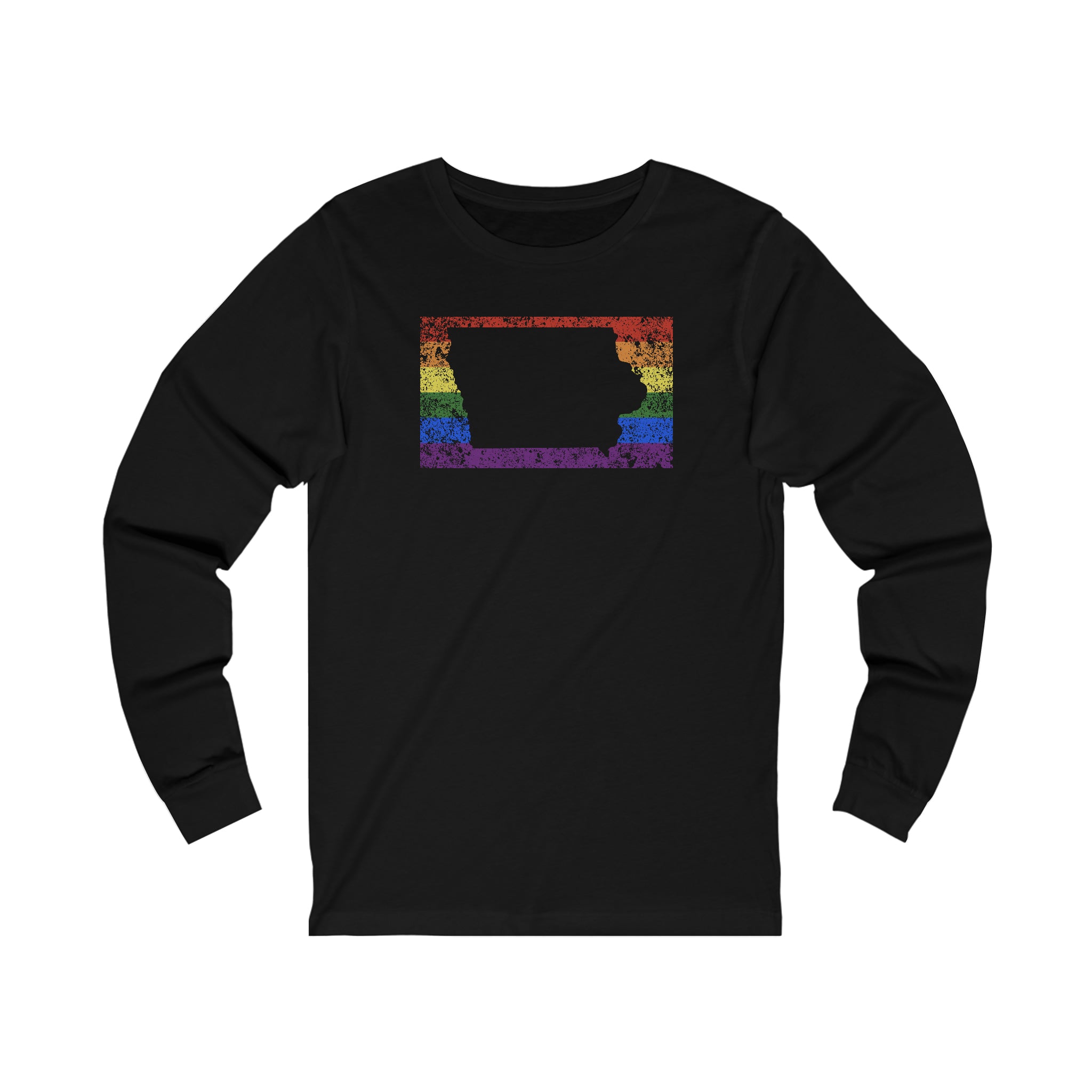 Iowa Pride Flag Long Sleeve Tee: Rainbow LGBTQ+ State Silhouette Distressed Long Sleeve T-Shirt