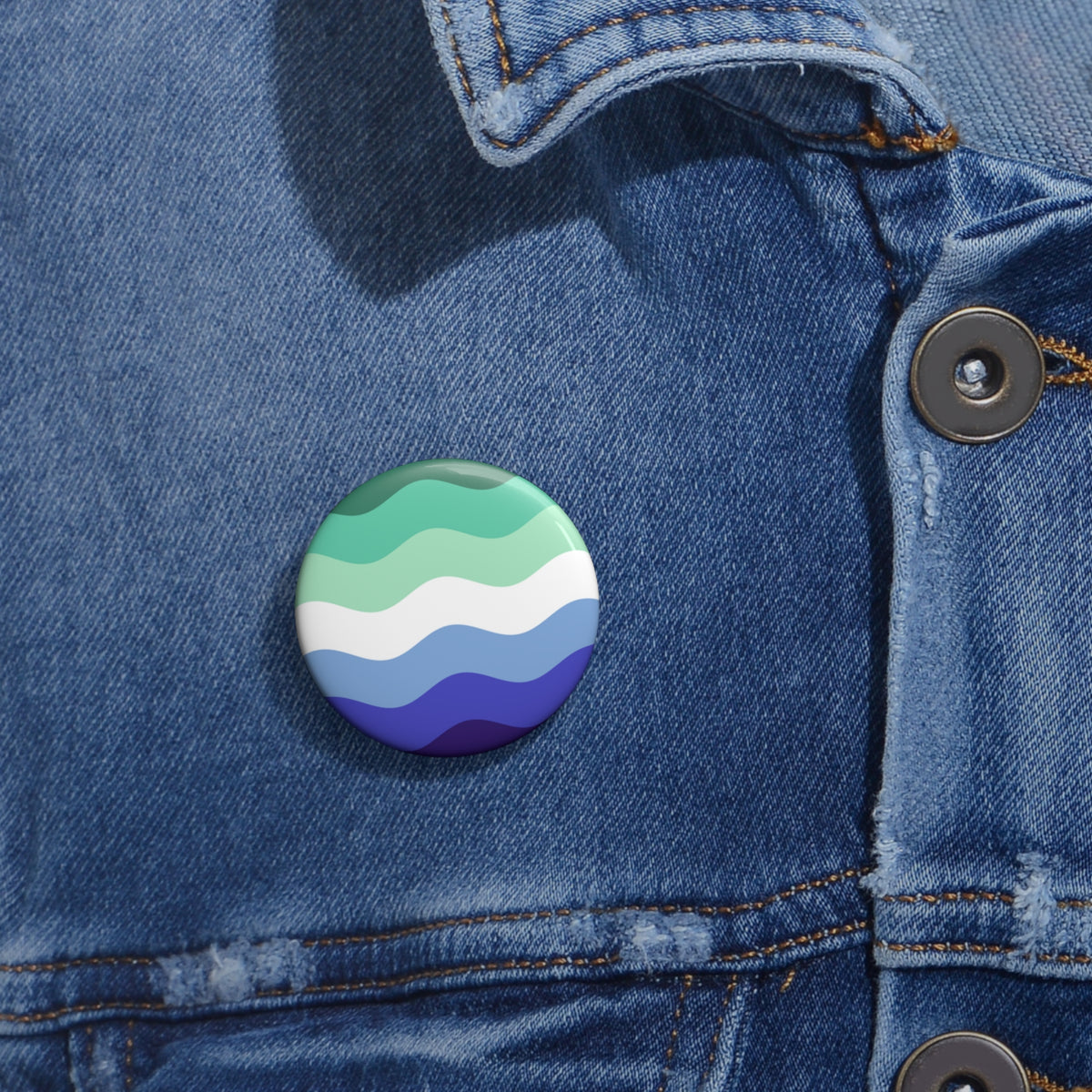 Gay Pride Flag Pin: Round Button with Wavey Design