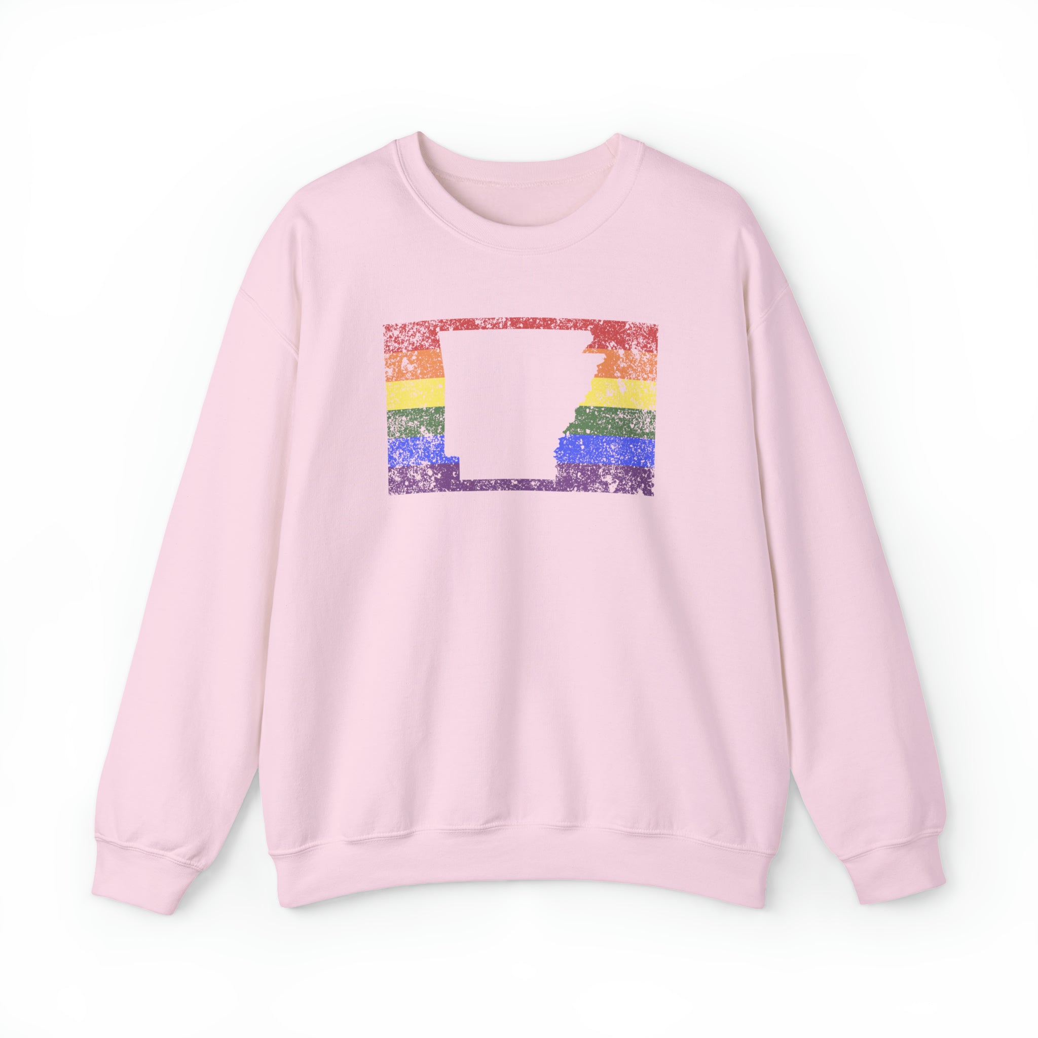 Arkansas Pride Flag Sweater: Rainbow LGBTQ+ State Silhouette Distressed Sweatshirt