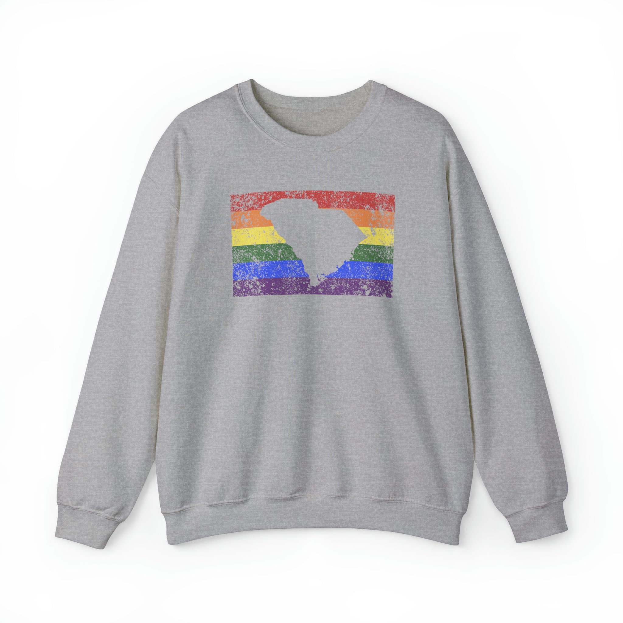 South Carolina Pride Flag Sweater: Rainbow LGBTQ+ State Silhouette Distressed Sweatshirt