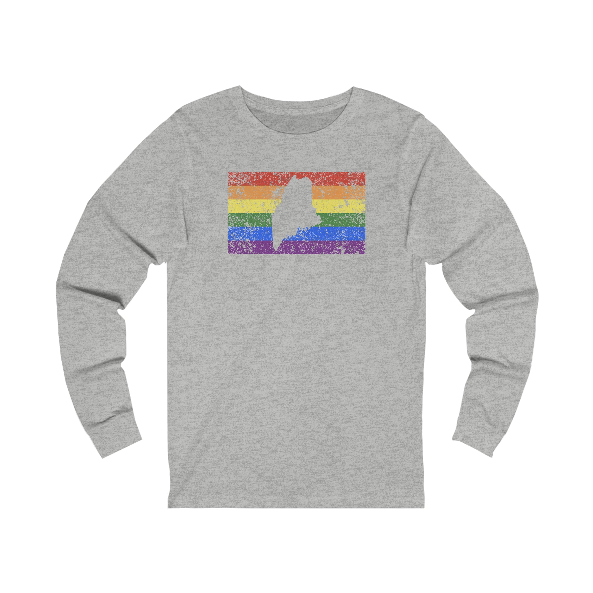 Maine Pride Flag Long Sleeve Tee: Rainbow LGBTQ+ State Silhouette Distressed Long Sleeve T-Shirt