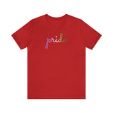 Genderqueer Pride T-Shirt: Flowing Cursive 'Pride' in Gradient Hues