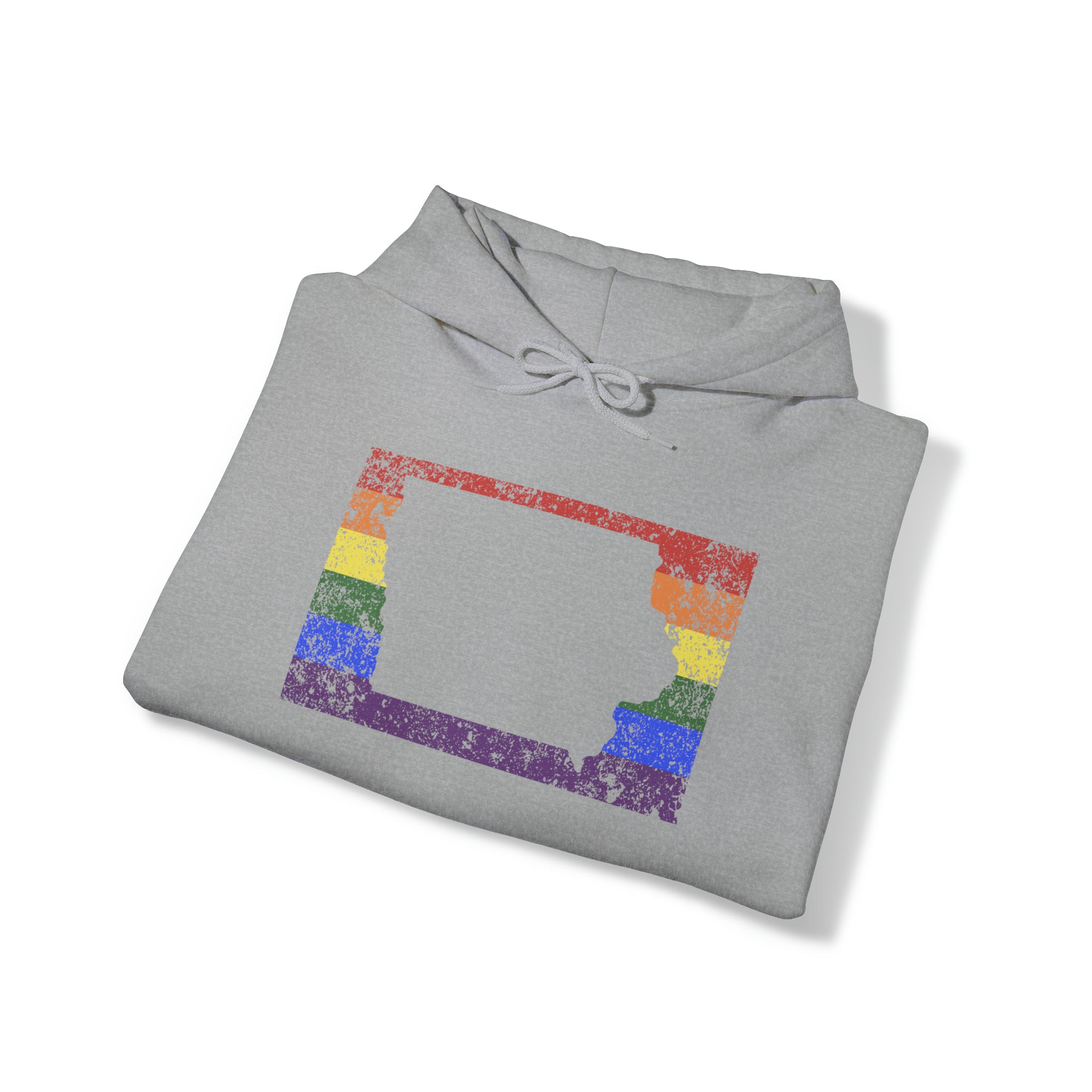 Iowa Pride Flag Hoodie: Rainbow LGBTQ+ State Silhouette Distressed Hooded Sweatshirt