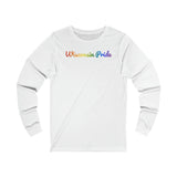 Wisconsin Pride Long Sleeve Tee: Flowing Cursive Design with LGBTQ+ Gradient