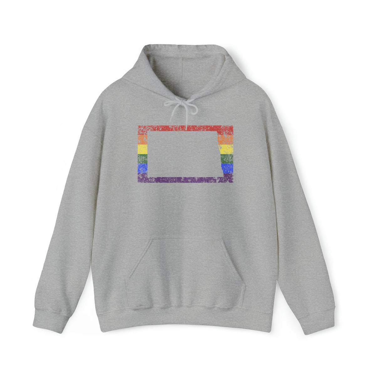 North Dakota Pride Flag Hoodie: Rainbow LGBTQ+ State Silhouette Distressed Hooded Sweatshirt