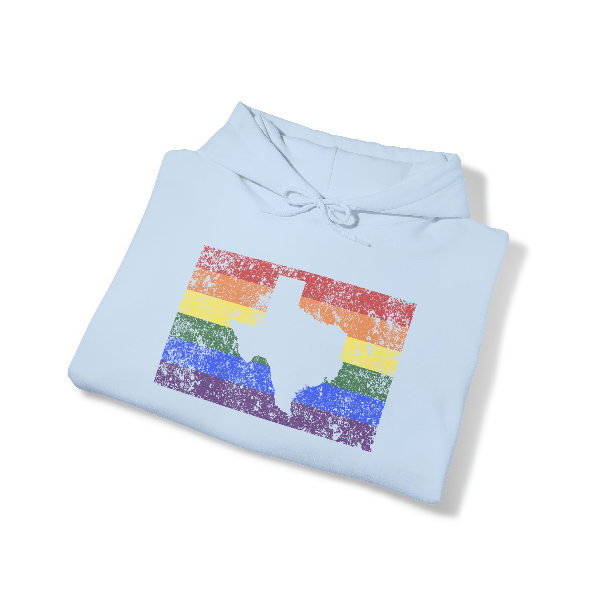 Texas Pride Flag Hoodie: Rainbow LGBTQ+ State Silhouette Distressed Hooded Sweatshirt