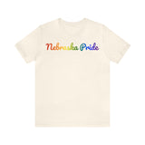 Nebraska Pride T-Shirt: Flowing Cursive Design with LGBTQ+ Gradient