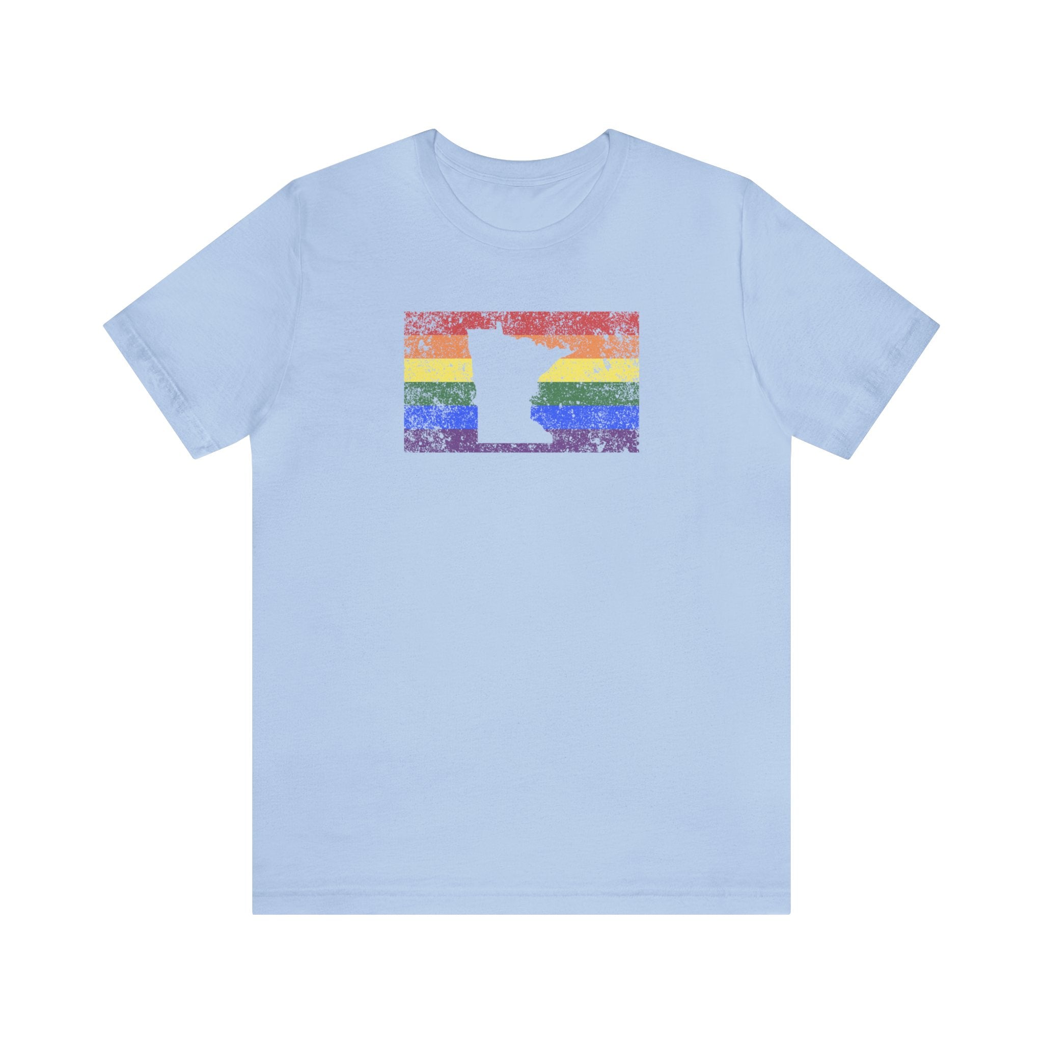 Minnesota Pride Flag Tee: Rainbow LGBTQ+ State Silhouette Distressed Shirt