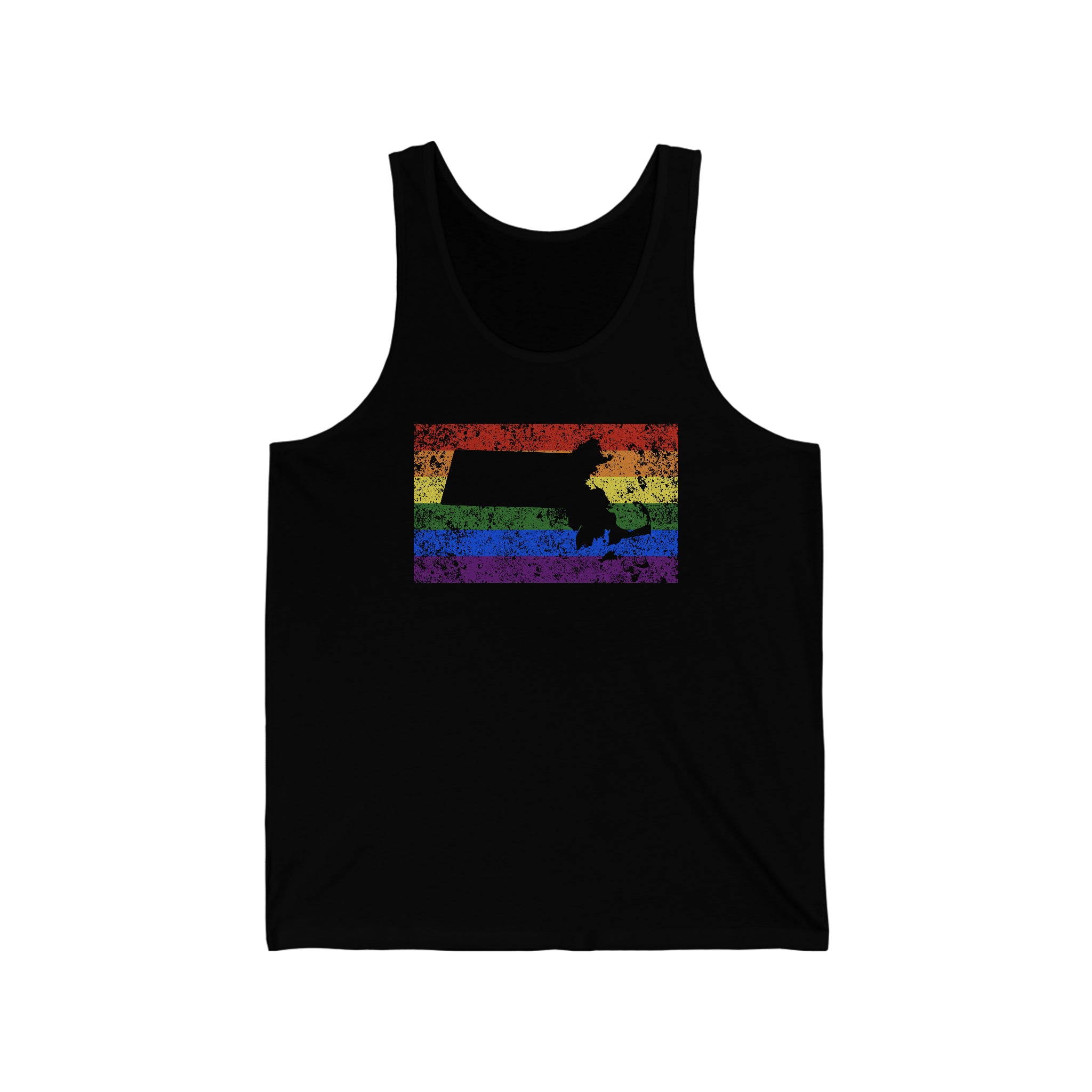 Massachusetts Pride Flag Tank: Rainbow LGBTQ+ State Silhouette Distressed Tank-Top