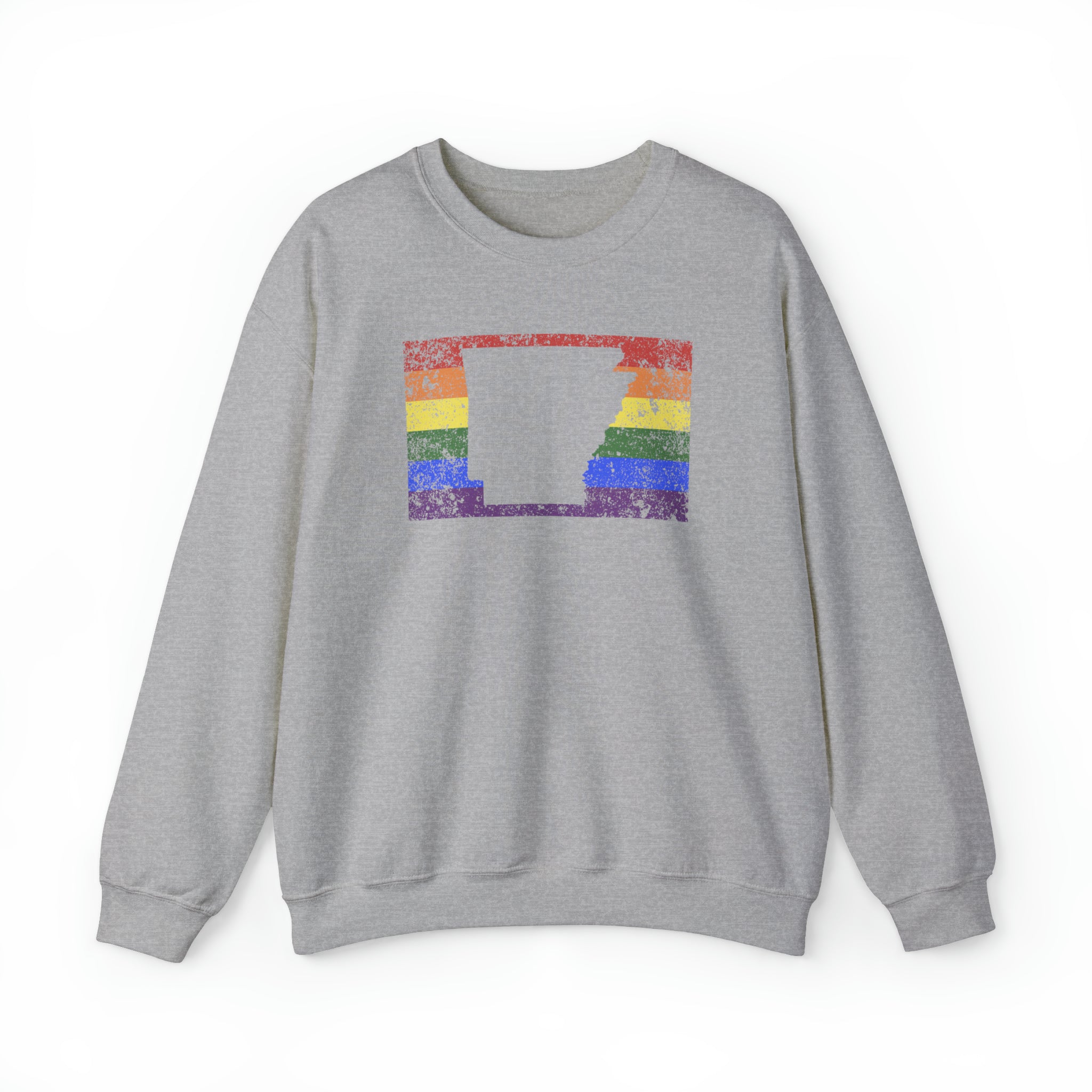 Arkansas Pride Flag Sweater: Rainbow LGBTQ+ State Silhouette Distressed Sweatshirt