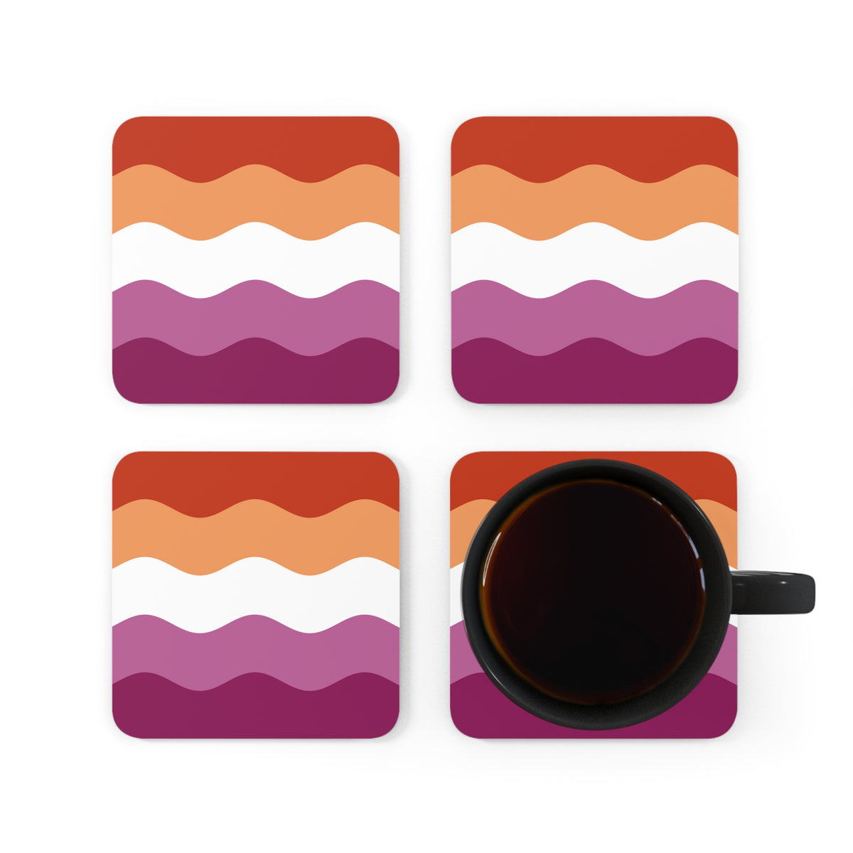 Lesbian Pride Flag Coaster Set: 4 Corkwood Ripple Drink Coasters