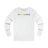 Rhode Island Pride Long Sleeve Tee: Flowing Cursive Design with LGBTQ+ Gradient